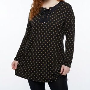 MICHAEL KORS Black & Gold MK Logo Polka Dot Lace-Up Tunic Dress - Size Large